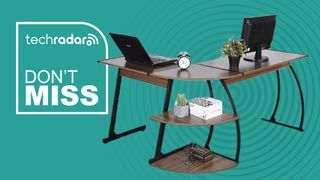 The HomeMake FurnitureR KANTE L-shaped desk on a green background next to a TechRadar badge that reads 'Don't Miss'