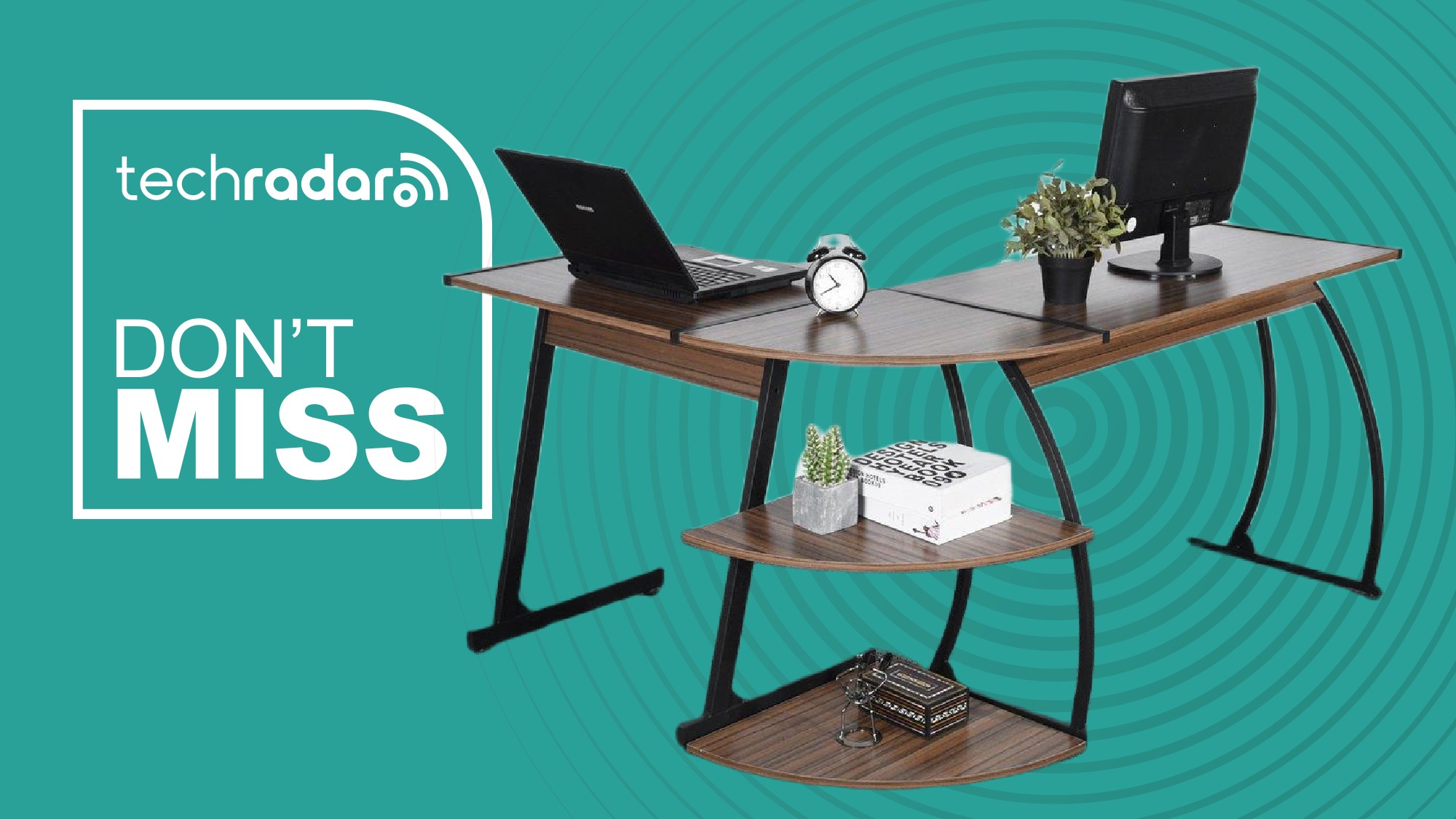The HomeMake FurnitureR KANTE L-shaped desk on a green background next to a TechRadar badge that reads 'Don't Miss'