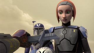 Bo-Katan Kryze being offered a weapon-The Clone Wars (animated).
