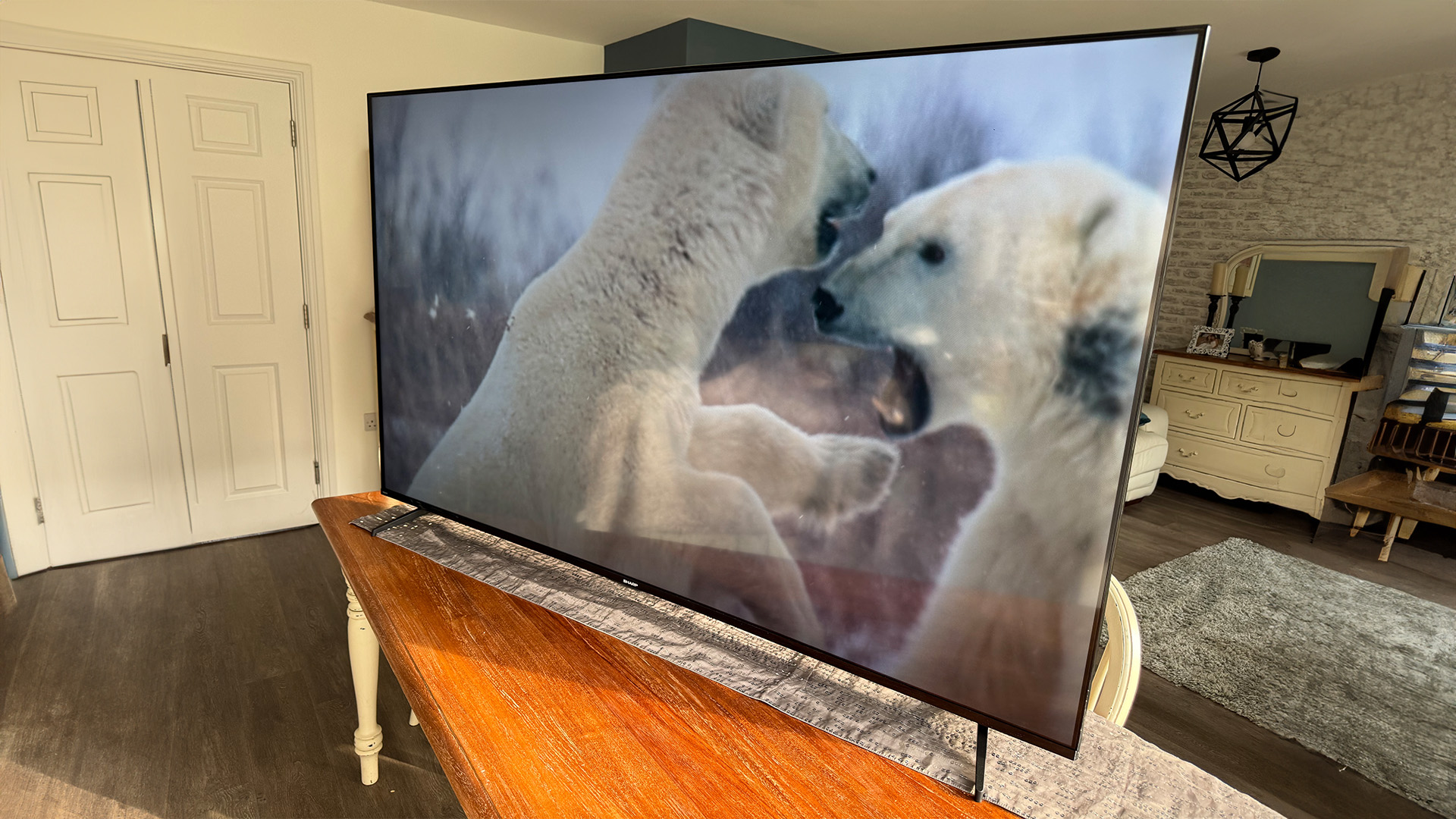 Sharp GK4245K 70-inch 4K TV on wooden dining table, slight angle, on screen are polar bears