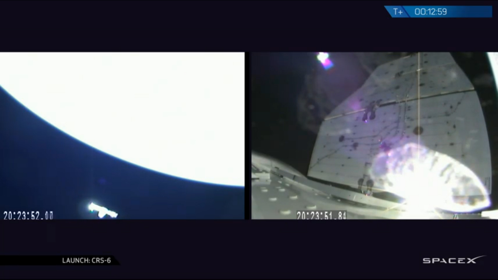 At left: SpaceX&#039;s Dragon space capsule soars over Earth in a camera view from its Falcon 9 rocket upper stage after a smooth launch on April 14, 2015. Right: A camera on Dragon shows its solar arrays unfold.