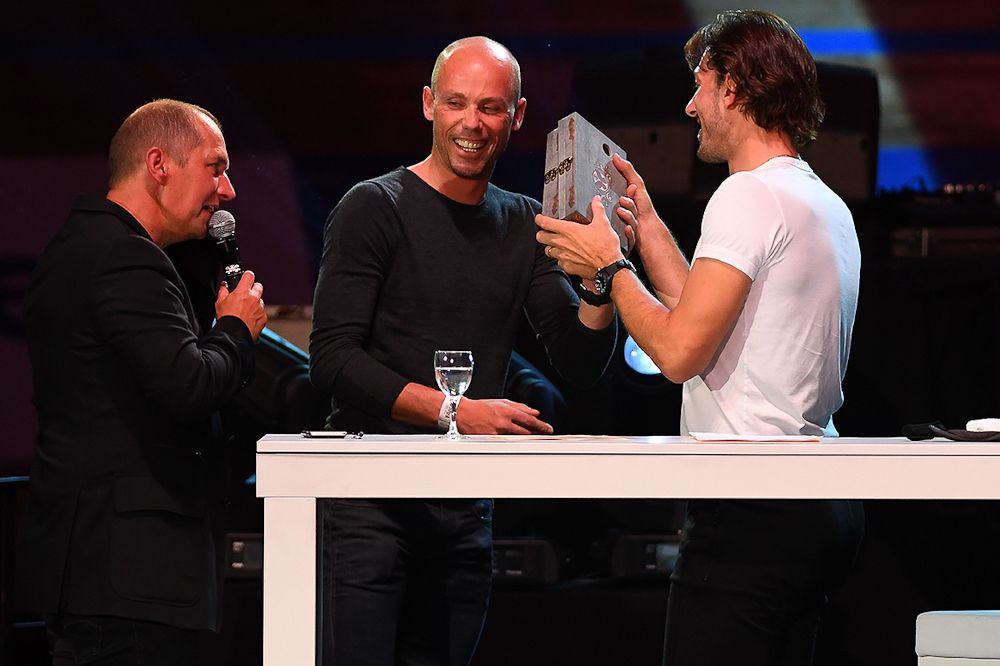 Sven Nys and Fabian Cancellara on stage at the 'Ciao Fabian' event