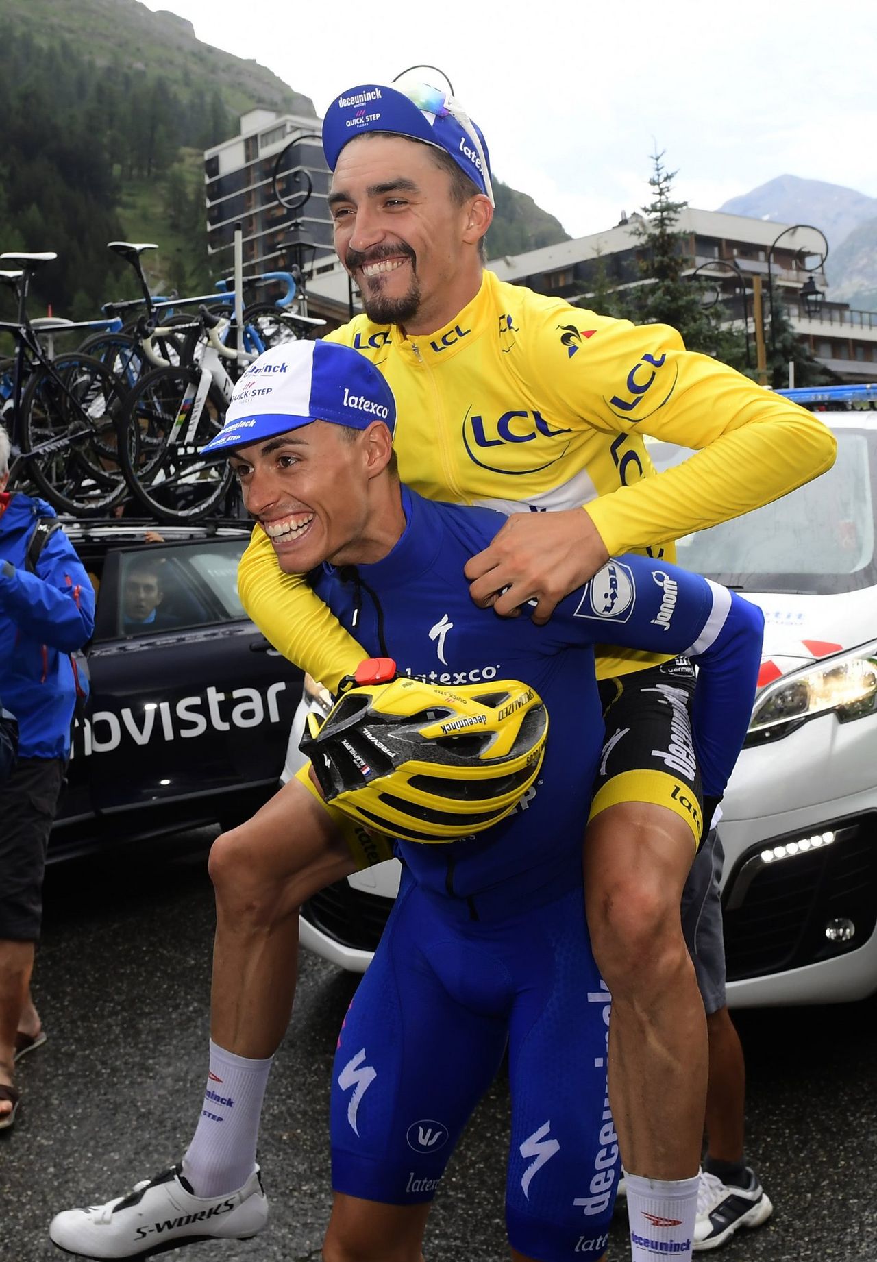 After a moment of disappointment, Julian Alaphilippe started to smile and joke with his Deceuninck-QuickStep teammates