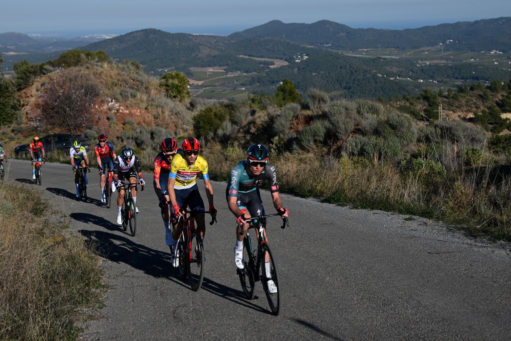 VALENCIA SPAIN FEBRUARY 05 LR Tao Geoghegan Hart of The United Kingdom and Team INEOS Grenadiers Giulio Ciccone of Italy and Team Trek Segafredo Yellow Leader Jersey and Aleksandr Vlasov of Russia and Team BORA Hansgrohe compete compete in the chase group during the 74th Volta a la Comunitat Valenciana 2023 Stage 5 a 932km stage from Paterna to Valencia on February 05 2023 in Valencia Spain Photo by Dario BelingheriGetty Images
