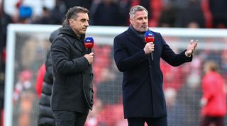 Gary Neville and Jamie Carragher covering Liverpool vs Manchester United for Sky Sports in March 2023.