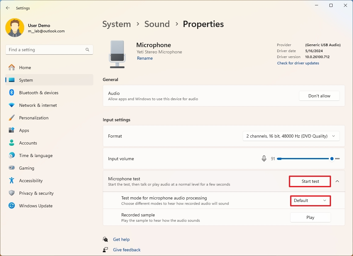 How to test microphone audio processing modes on Windows 11 version 24H2 (2024 Update)