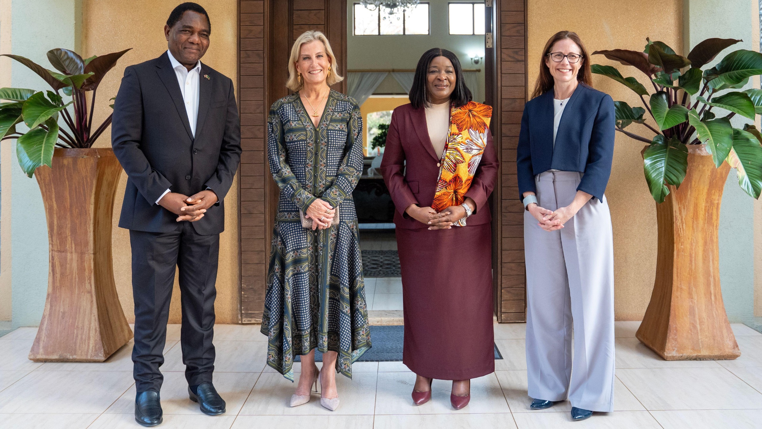 The Duchess of Edinburgh meets the President of the Republic of Zambia Hakainde Hichilema and Mutinta Hichilema, First Lady of Zambia, with British High Commissioner to Zambia Rebecca Terzeon (right)