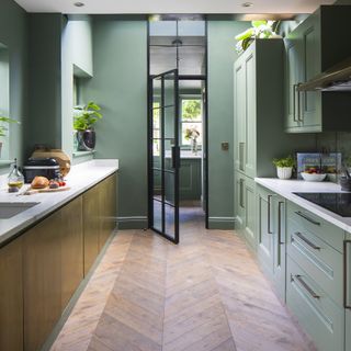 Green modern shaker kitchen with black handles and gold cabinets