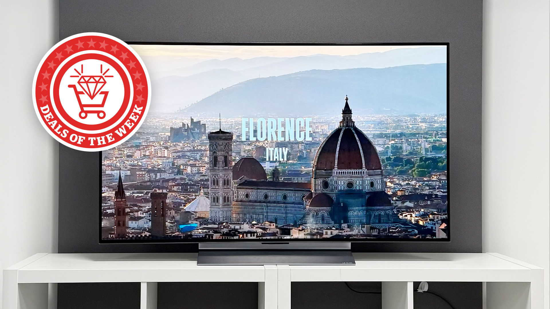 48-inch LG C5 on a white table showing an image of Florence. 