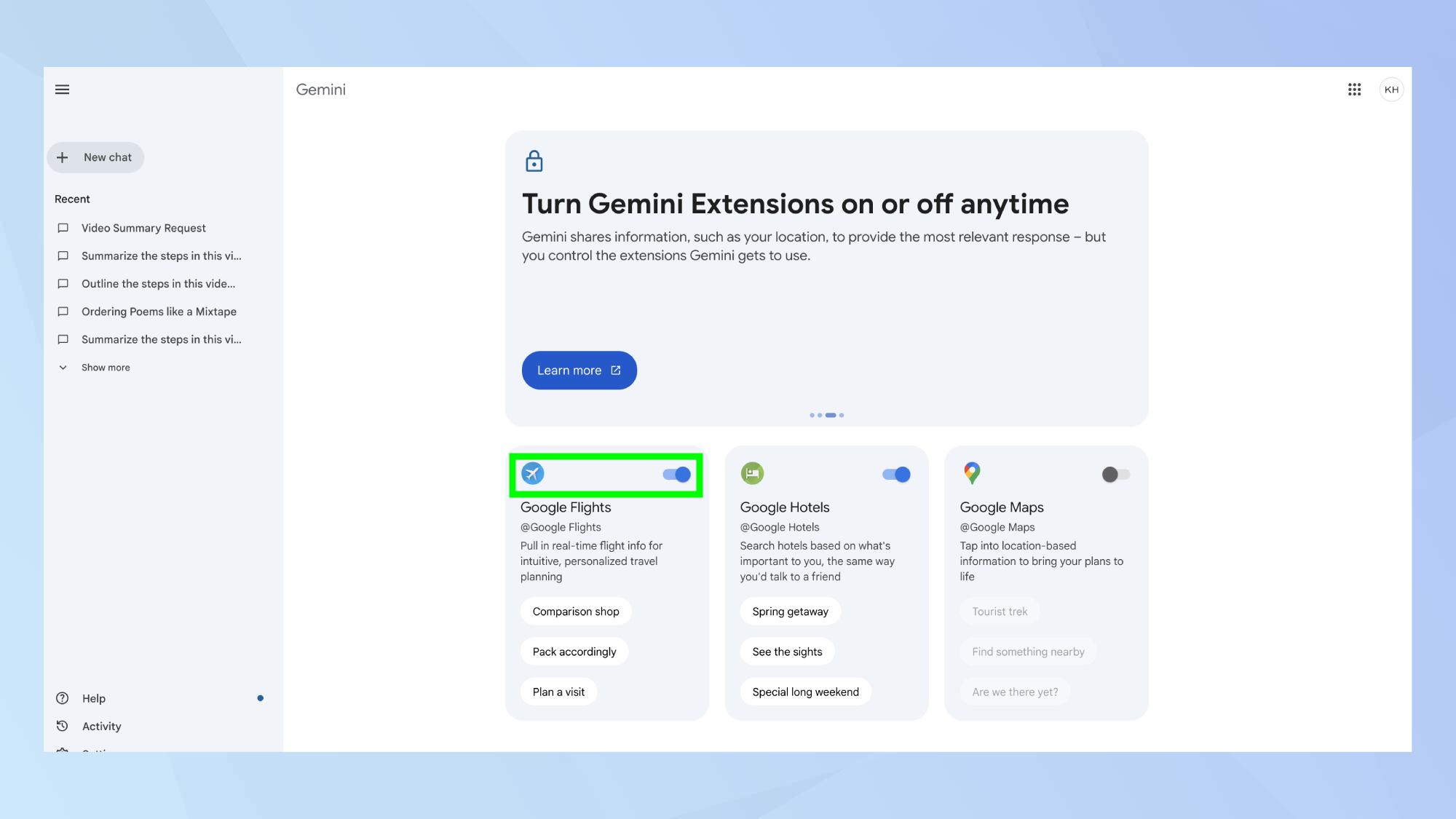 Gemini Extensions menu with Google Flights and Hotels toggled on 