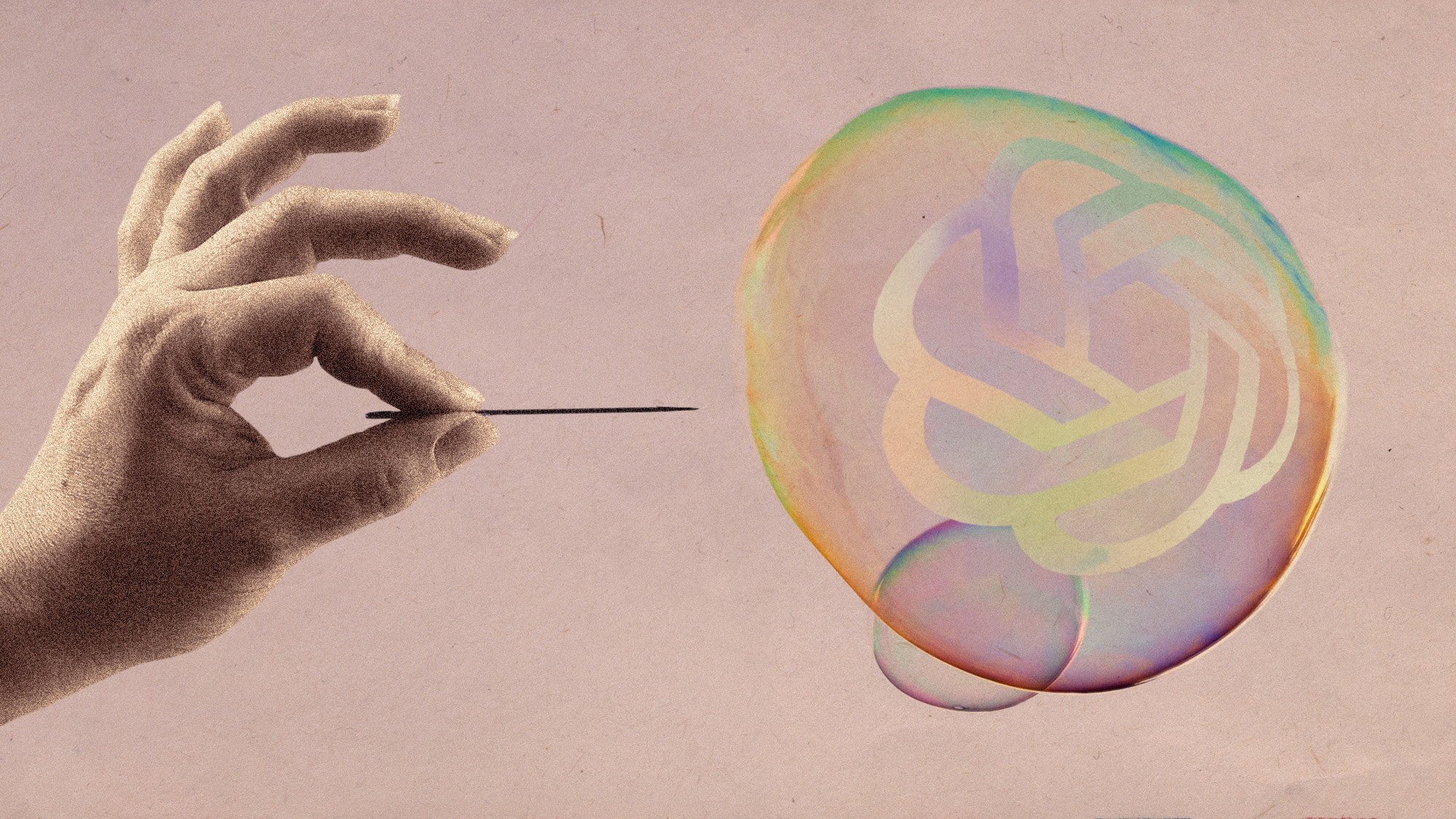 Photo collage of a soap bubble with the OpenAI logo on it, and a hand approaching it with a pin