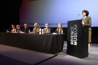 From left to right: Tim Hawking, Lucy Hawking, moderator Roger Highfield, Malcolm Perry, Andrew Strominger and Fay Dowker gather for a discussion of Stephen Hawking's life and work at London's Science Museum on Oct. 15, 2018.
