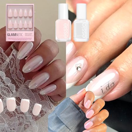 collage of engagement manicures in baby pinks and white with rhinestones and a range of different nail polishes and press ons