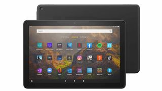 Amazon Fire HD 10 tablet front and rear views on white background