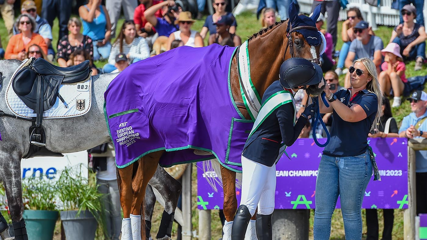 The medal ceremony of the FEI Eventing European Championship in Haras du Pin in Normandy in France, Gold Medal winners GBR, Yasmin INGHAM riding BANZAI DU LOIR with Alison Bell (Groom)) between the 9th-13th August 2023