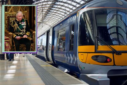 A collage of King Charles and a train waiting at a platform