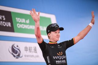 Jolien D'Hoore on the podium after stage 2 at the Tour of Chongming Island