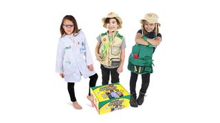 three children wearing the Born Toys Dress Up & Pretend Play 3-in-1 Premium Kids Costumes Set, one of w&h's picks for Christmas gifts for kids
