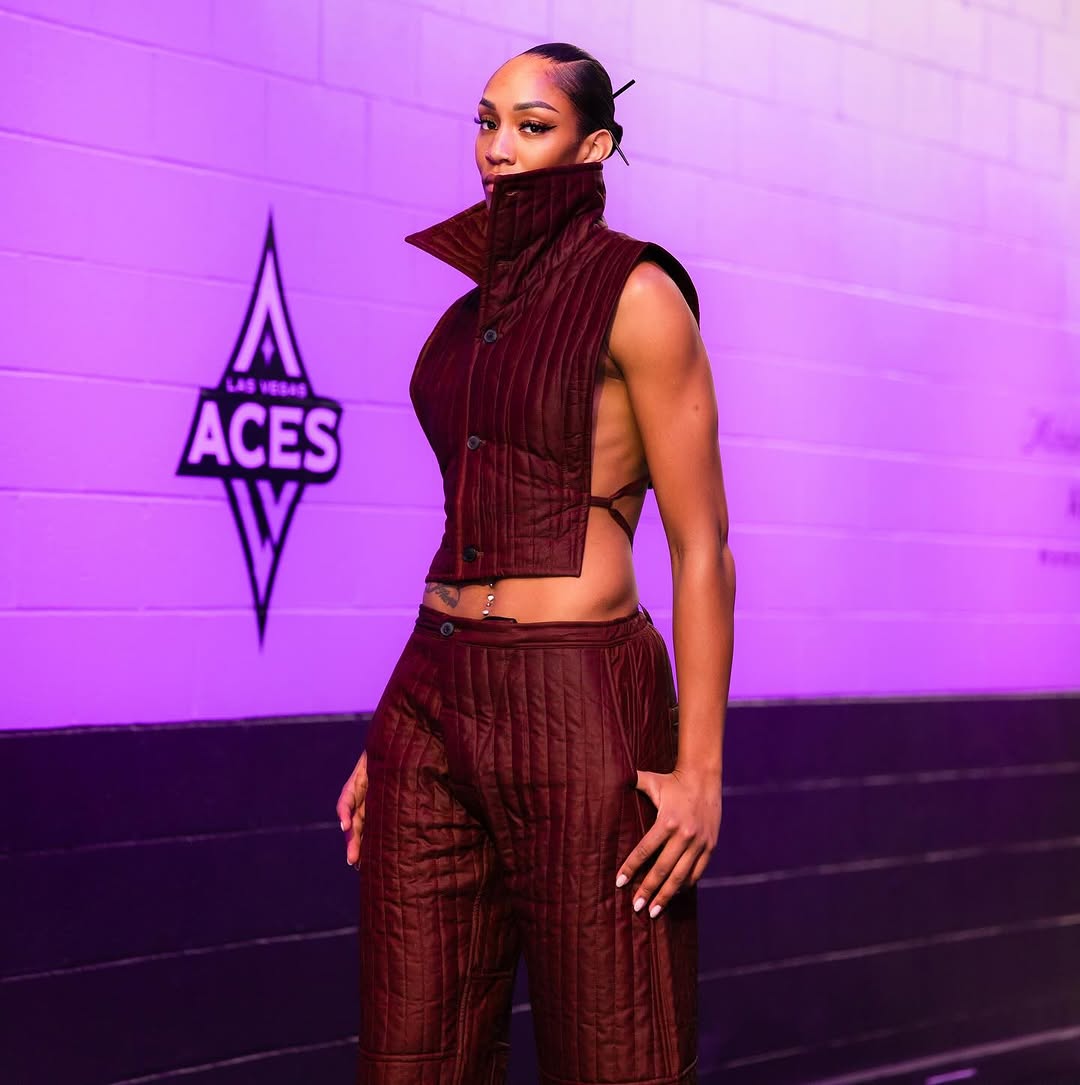 A&#039;ja Wilson wore a quilted burgundy pant set before a WNBA game