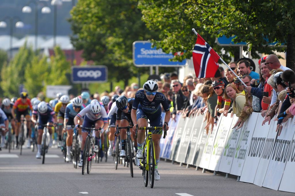 SARPSBORG NORWAY AUGUST 12 Kristen Faulkner of United States and Team Tibco Silicon Valley Bank sprint at finish line during the 7th Ladies Tour Of Norway 2021 Stage 1 a 1415km stage from Halden to Sarpsborg LTourOfNorway LTON21 UCIWWT on August 12 2021 in Sarpsborg Norway Photo by Luc ClaessenGetty Images