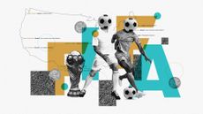 Photo composite illustration of the FIFA World Cup trophy, two footballers, map of the USA and coins