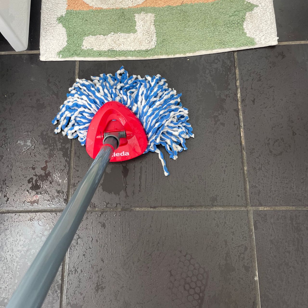 Using the Vileda RinseClean Spin Mop &amp; Bucket System to clean black bathroom tiles