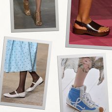 Women in various shoe styles on the spring 2025 runway