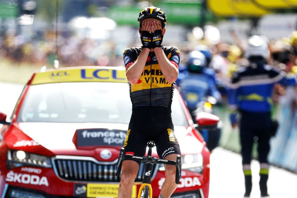 ANDORRELAVIEILLE ANDORRA JULY 11 Sepp Kuss of The United States and Team JumboVisma stage winner celebrates at arrival during the 108th Tour de France 2021 Stage 15 a 1913km stage from Cret to AndorrelaVieille LeTour TDF2021 on July 11 2021 in AndorrelaVieille Andorra Photo by Chris GraythenGetty Images