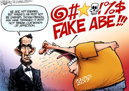 Political cartoon U.S. Abraham Lincoln fake news 2017 party politics