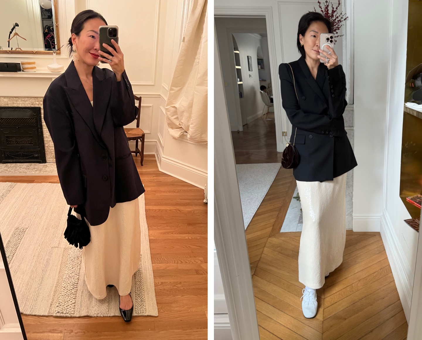 Irene Kim wearing a skirt, a blazer, and jazz shoes