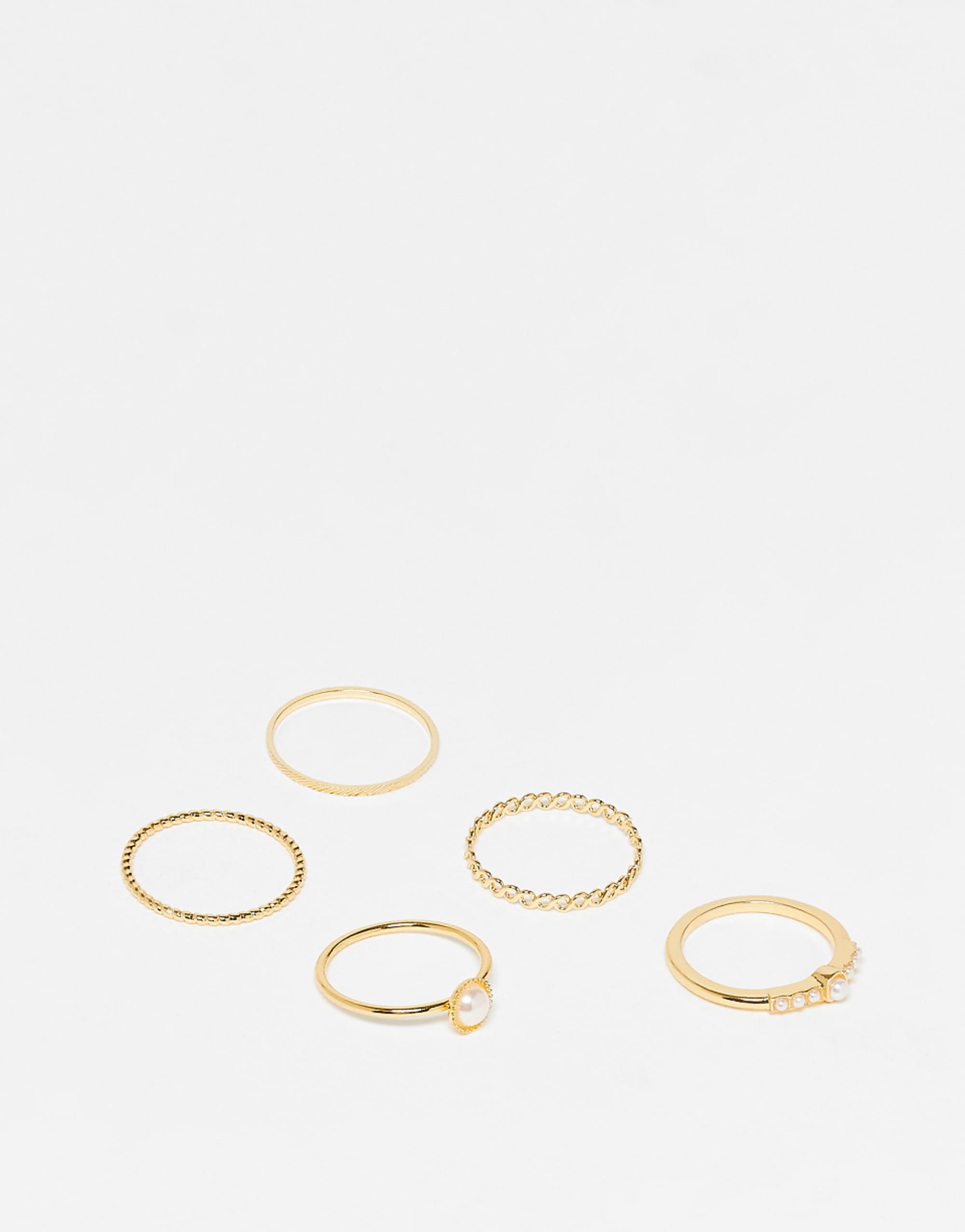 Asos Design 14k Plated Gold Pack of 5 Rings With Faux Pearls