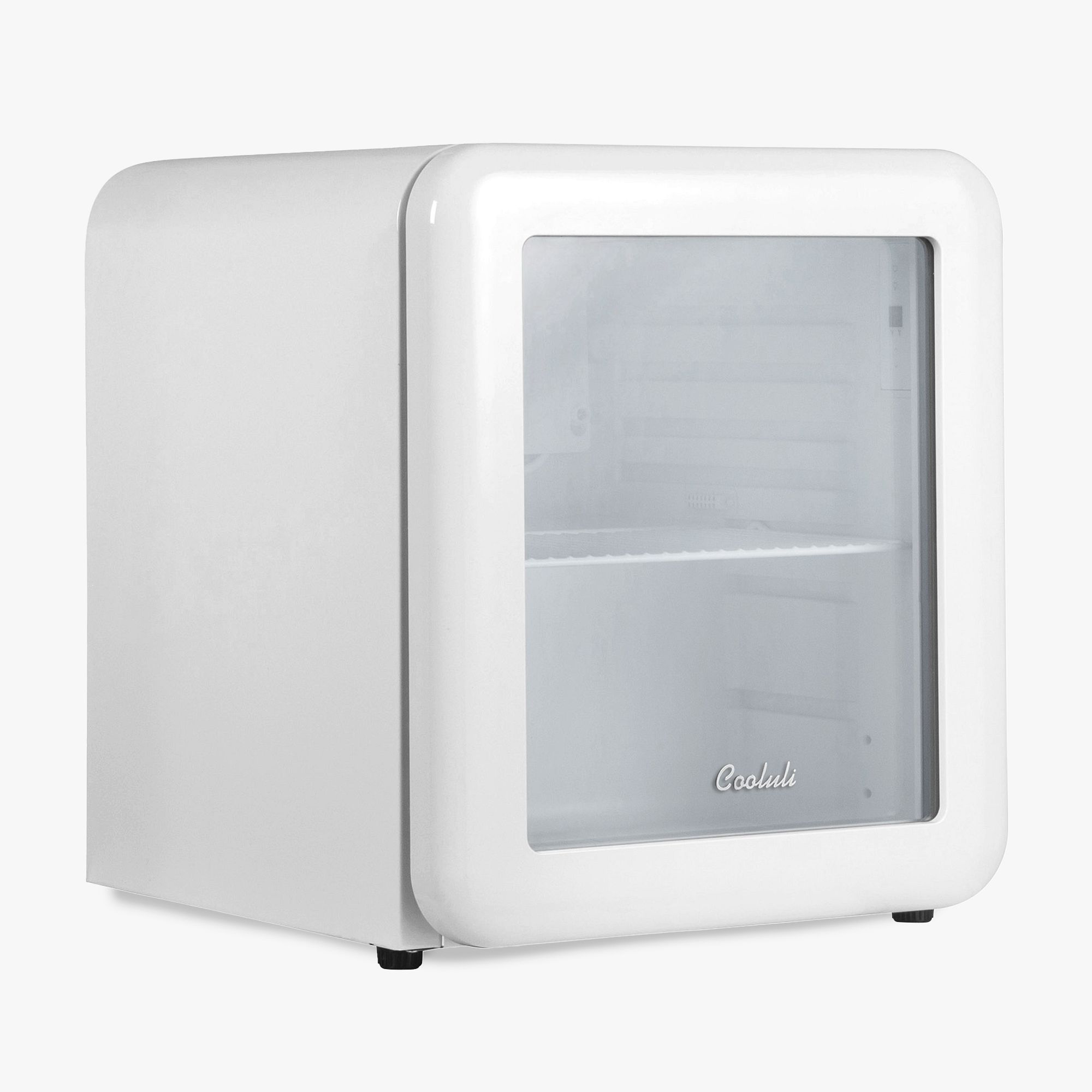 White mini fridge with clear door