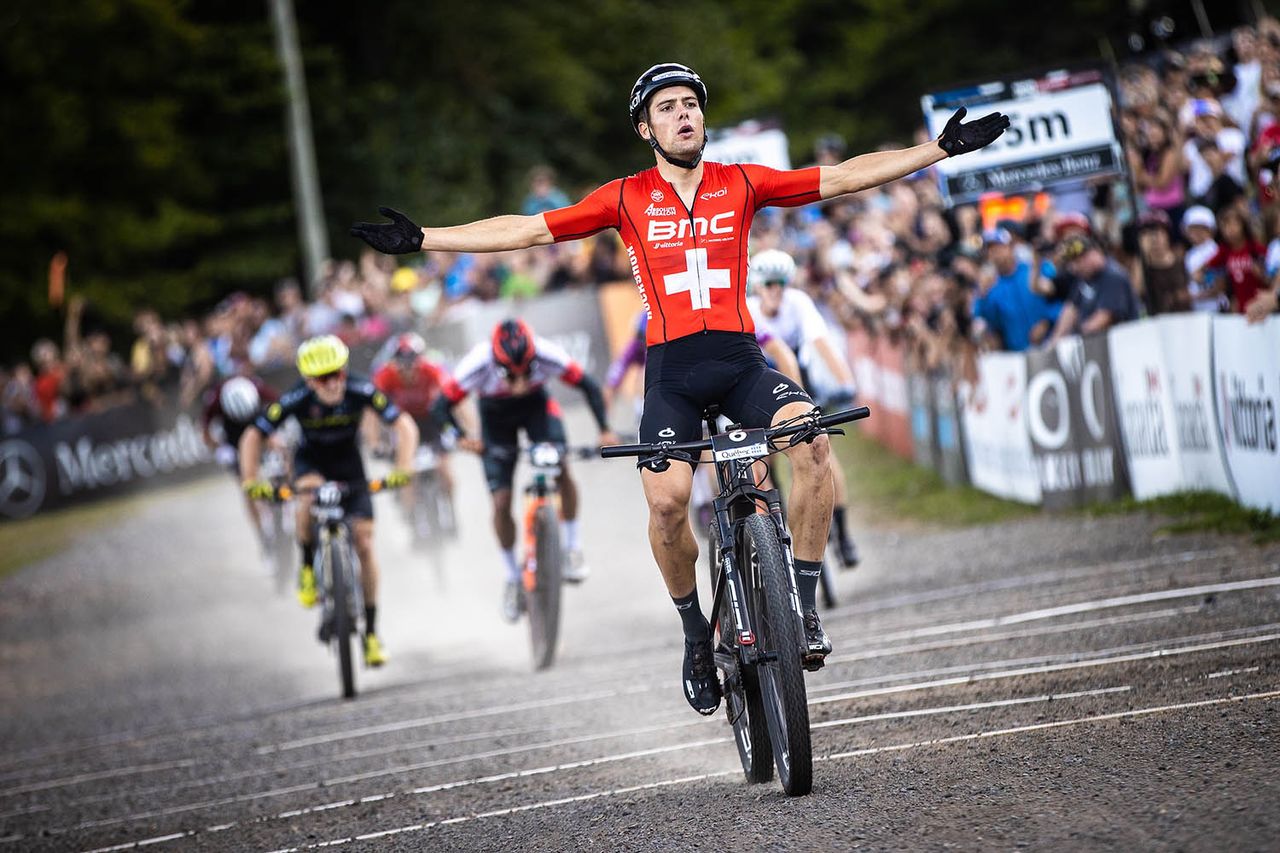 Filippo Colombo (BMC) celebrates his win in the XCC race at the UCI MTB World Cup Mont-Sainte-Anne 2022