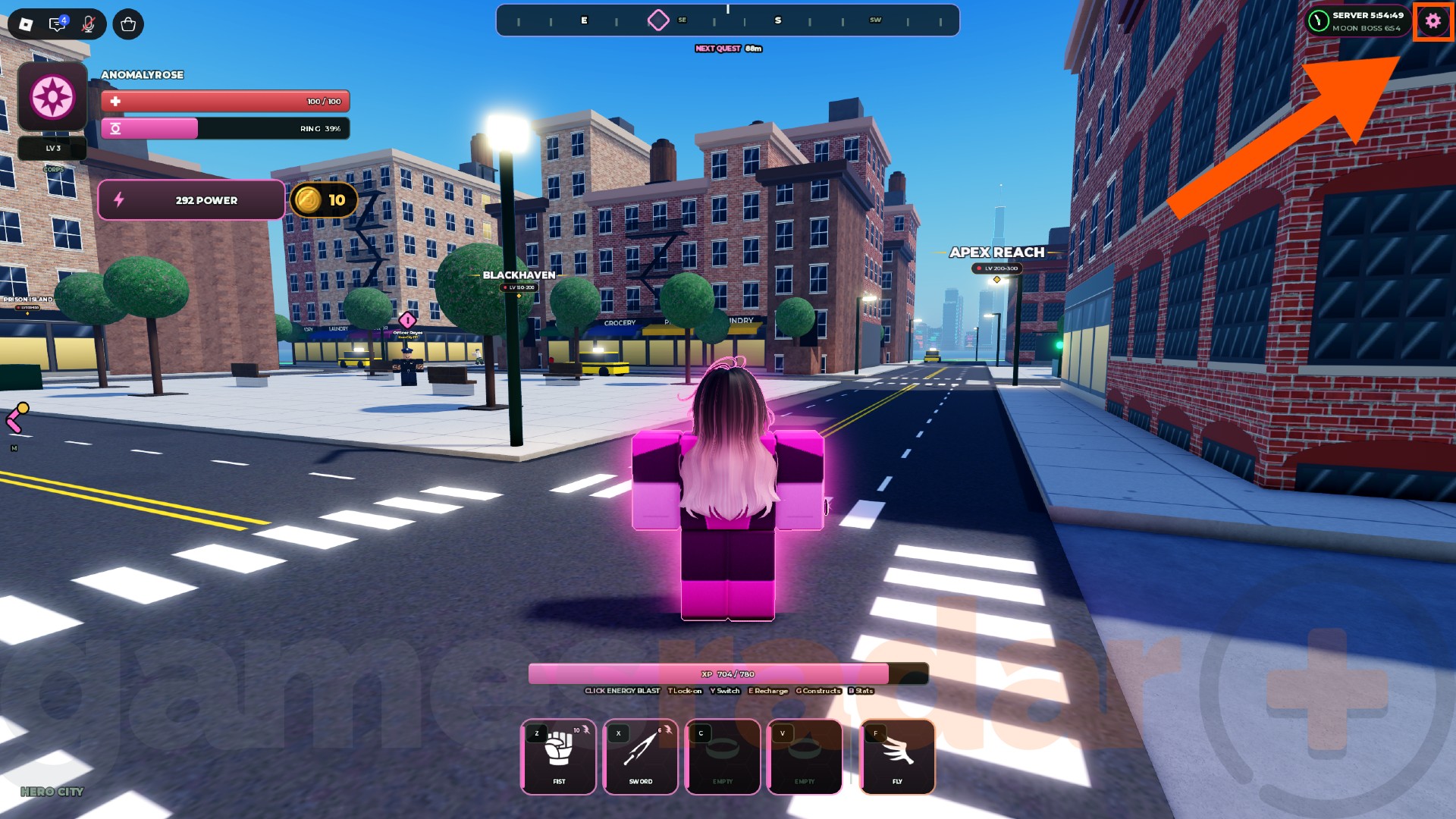 An orange arrow points to the settings menu where you can redeem Lanterns codes.