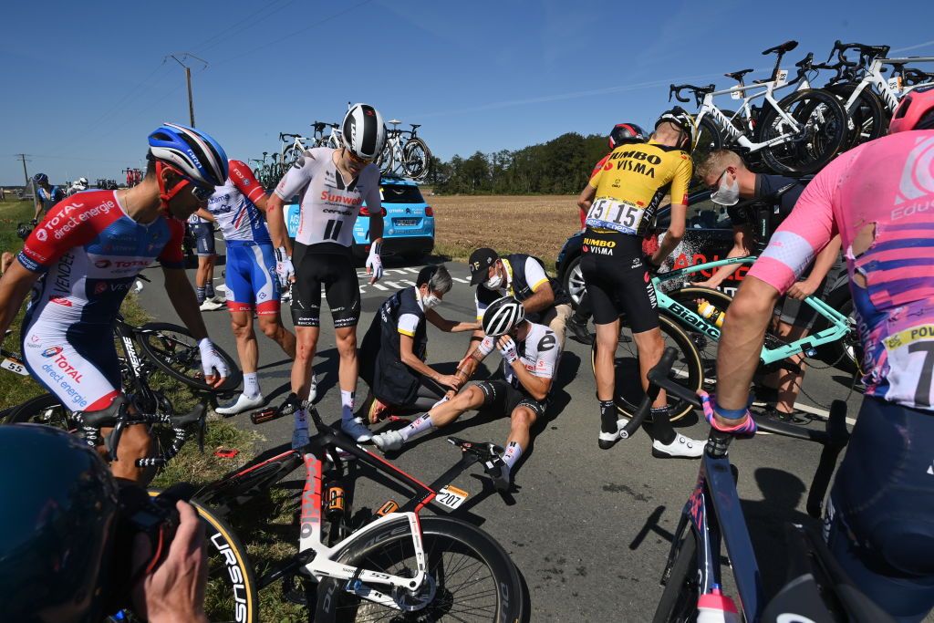 Casper Phillip Pedersen of Team Sunweb and Robert Gesink of Team Jumbo Visma pictured during a fall in the ninth stage of the 107th edition of the Tour de France cycling race from Ile dOleron Le ChateaudOleron to Ile de Re SaintMartindeRe 1685km in France Tuesday 08 September 2020 This years Tour de France was postponed due to the worldwide Covid19 pandemic The 2020 race starts in Nice on Saturday 29 August and ends on 20 September BELGA PHOTO DAVID STOCKMAN Photo by DAVID STOCKMANBELGA MAGAFP via Getty Images