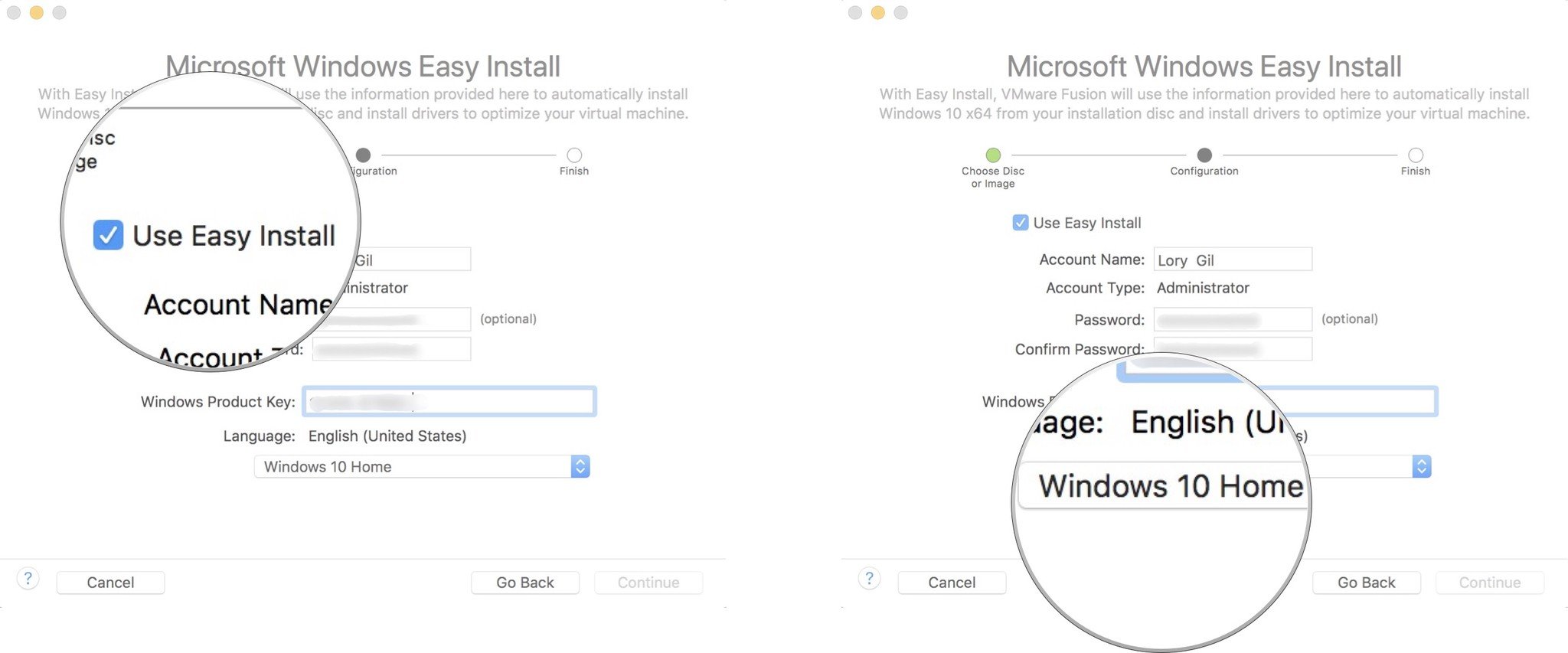 Select Easy Install, create a username and password, enter the product key and select the Windows version