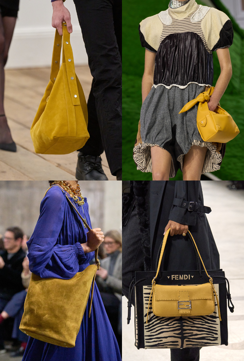 An image of mustard bags from Fendi, Eckhaus Latta, Joseph and Louis Vuitton on the autumn/winter 2026 runways.