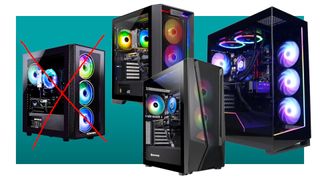 A collection of gaming PCs against a teal background, with a white border