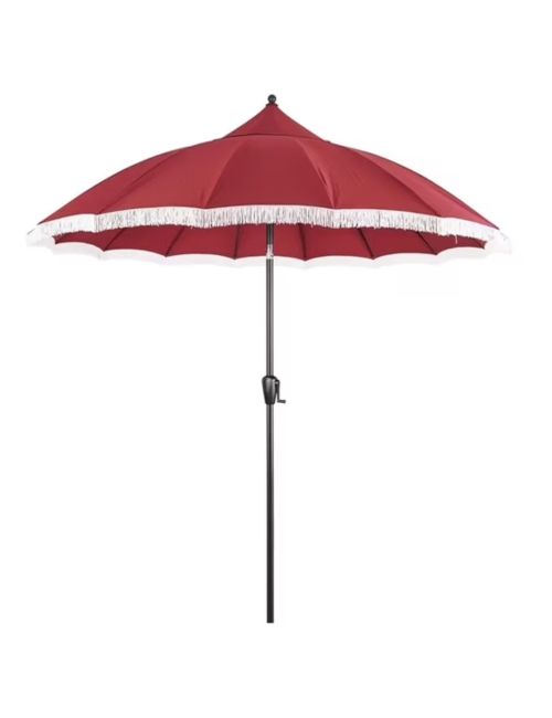 Patio Umbrella With Burgundy Canopy and White Fringe