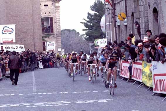The peloton en route to Monte Urano in the 1989 Tirreno-Adriatico.