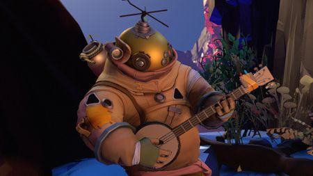 A friendly astronaut strumming a banjo in Outer Wilds.