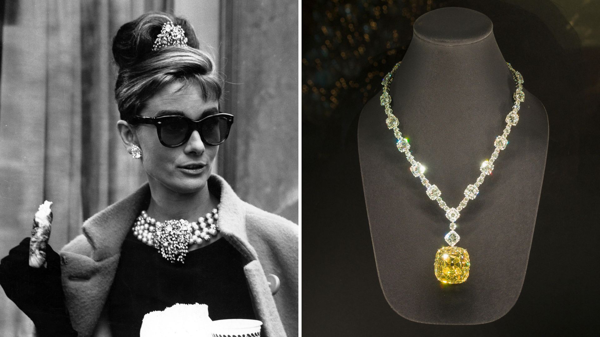 L-Audrey Hepburn for Breakfast at Tiffany&#039;s, R- the Tiffany Yellow Diamond