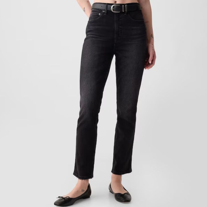 Black High Waisted Ankle Length Vintage Slim Jeans on model