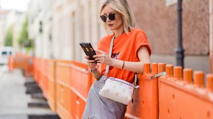 Orange, Street fashion, Clothing, Fashion, Jeans, Shirt, Textile, Denim, Sunglasses, Peach, 