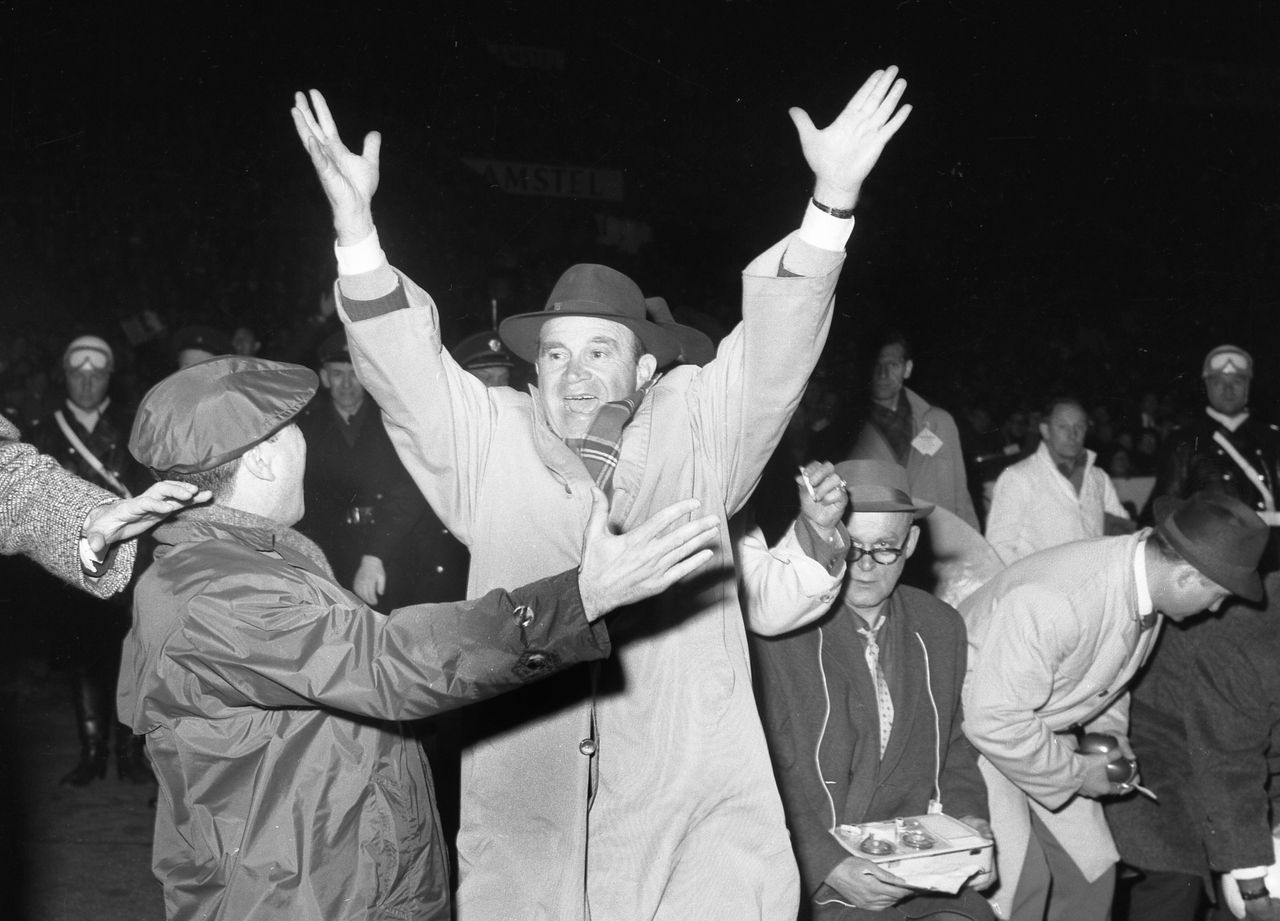 Benfica manager Bela Guttmann raises his arms in celebration after his side's victory over Real Madrid in the 1962 European Cup final at the Olympic Stadium in Amsterdam, then Netherlands