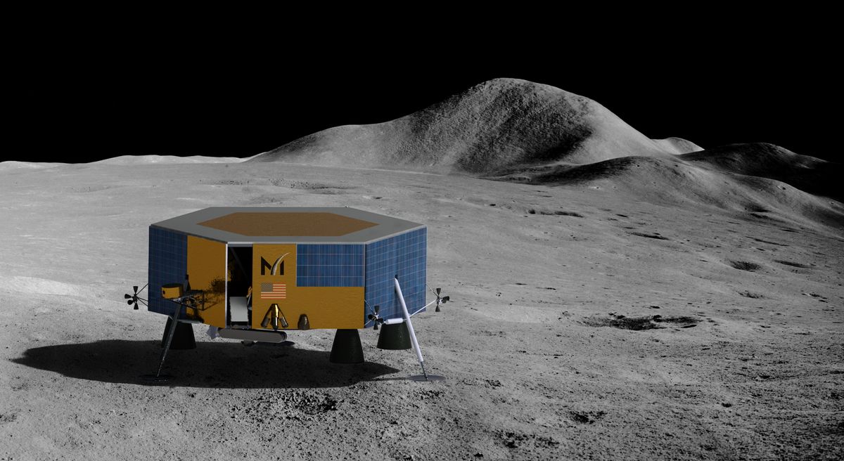 An artist&#039;s depiction of Masten&#039;s lunar lander on the surface of the moon.