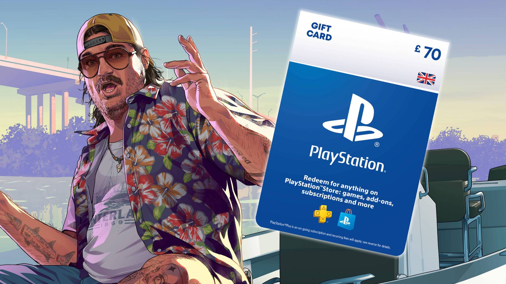 Official Rockstar Games GTA 6 art with an image of a Sony PlayStation gift card on top.