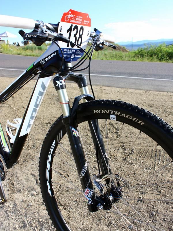 Willow Koerber's (Subaru-Trek) RockShox Reba XX fork is shortened to 90mm of travel instead of the stock 100mm to help bring the front end down.