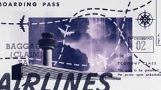 Photo collage of several flight paths with plane icons on them, all avoiding the same area. In the background, there is a photo of a dramatic stormy sky, and at the bottom an air traffic control tower. Various bits of vintage text from tickets, boardning passes and airline ads overlay the image.