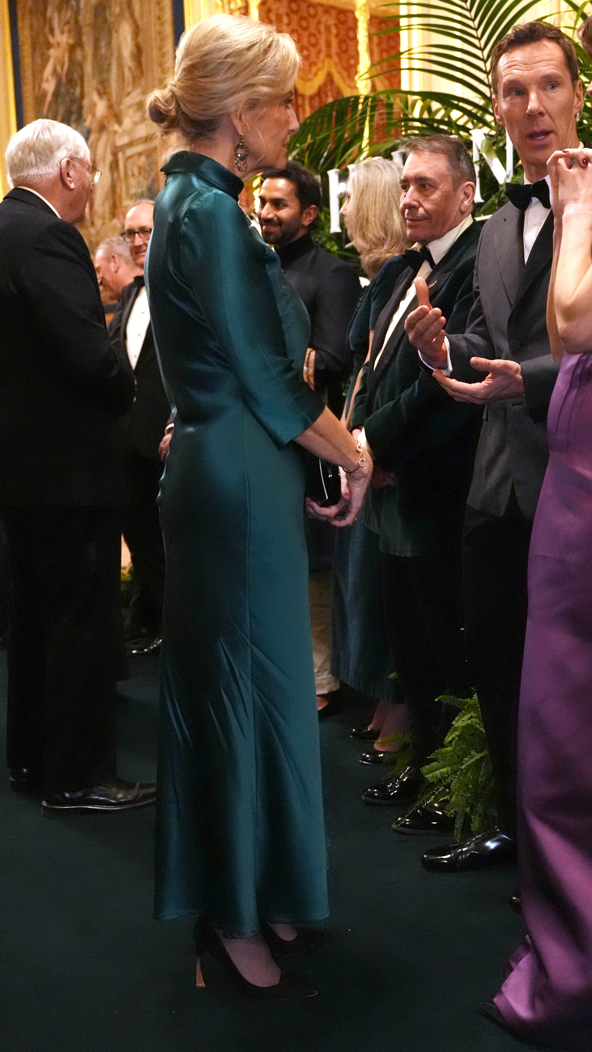 Sophie, Duchess of Edinburgh speaks to Jools Holland, Benedict Cumberbatch and Sophie Hunter in the Grand Reception Room after they attended the premiere of Prime Video's Finding Harmony: A King's Vision